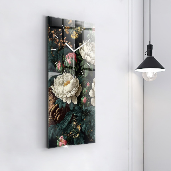 Horloge murale verticale Fleurs et papillons dorés