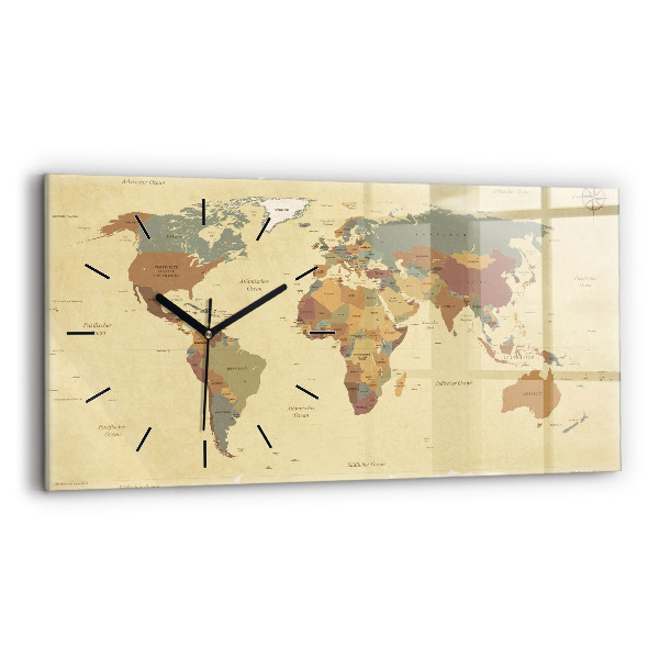 Horloge rectangulaire horizontale Carte du monde vintage
