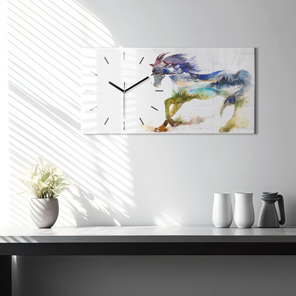Horloge rectangulaire horizontale Montagnes peintes et cheval