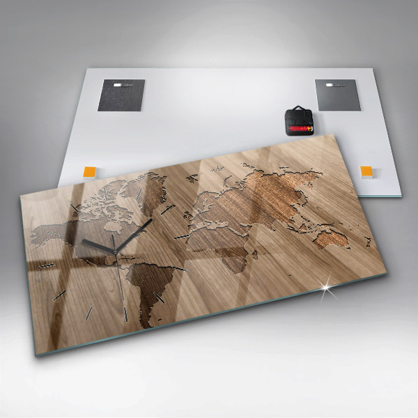 Horloge rectangulaire horizontale Carte du monde sur bois