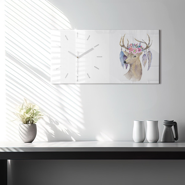 Horloge murale horizontale Tête de cerf et fleurs
