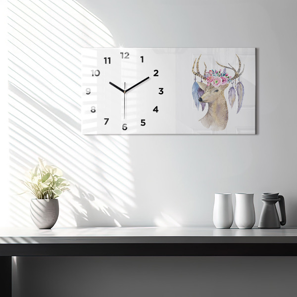 Horloge murale horizontale Tête de cerf et fleurs