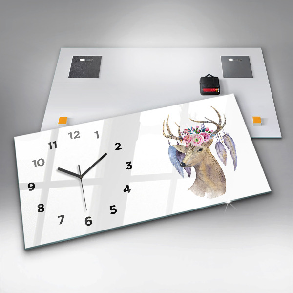 Horloge murale horizontale Tête de cerf et fleurs