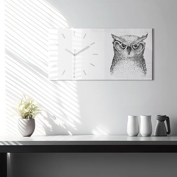 Horloge murale horizontale Hibou dessiné avec des lunettes