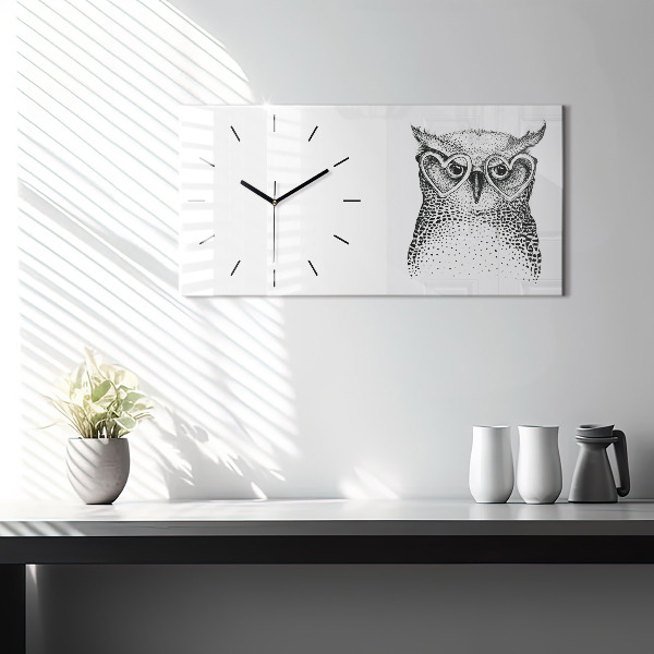 Horloge murale horizontale Hibou dessiné avec des lunettes