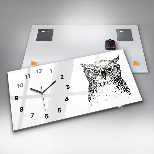 Horloge murale horizontale Hibou dessiné avec des lunettes