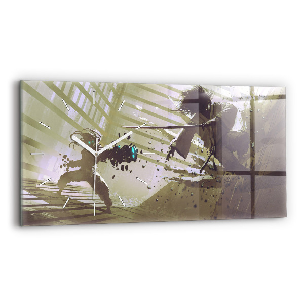 Horloge murale horizontale Combat robot contre samouraï