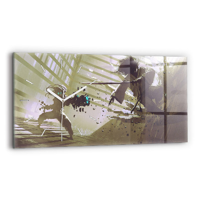 Horloge murale horizontale Combat robot contre samouraï