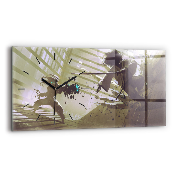 Horloge murale horizontale Combat robot contre samouraï