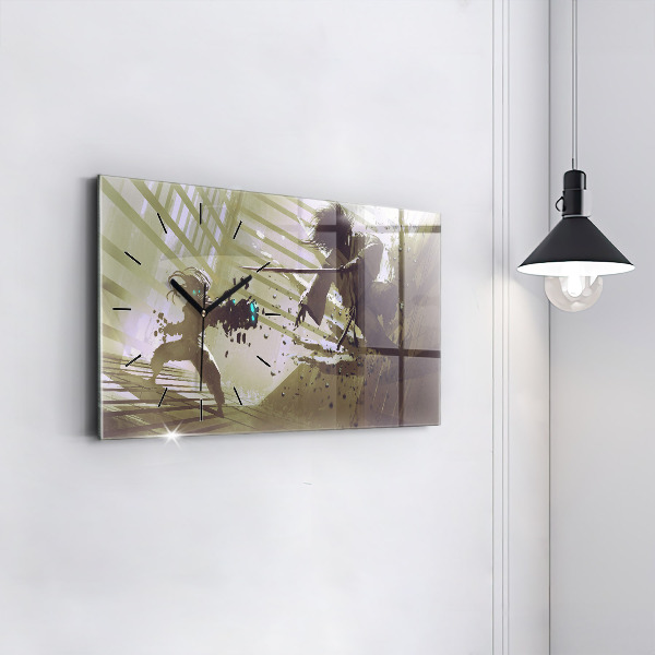 Horloge murale horizontale Combat robot contre samouraï