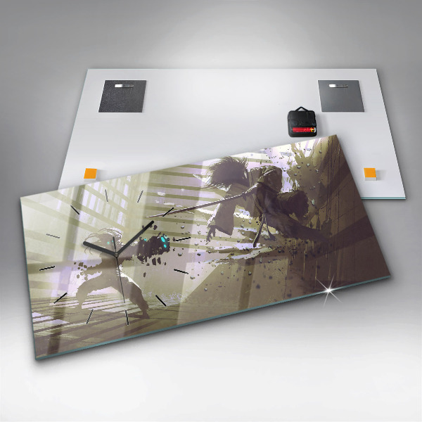 Horloge murale horizontale Combat robot contre samouraï
