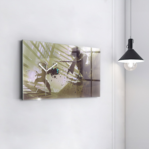 Horloge murale horizontale Combat robot contre samouraï