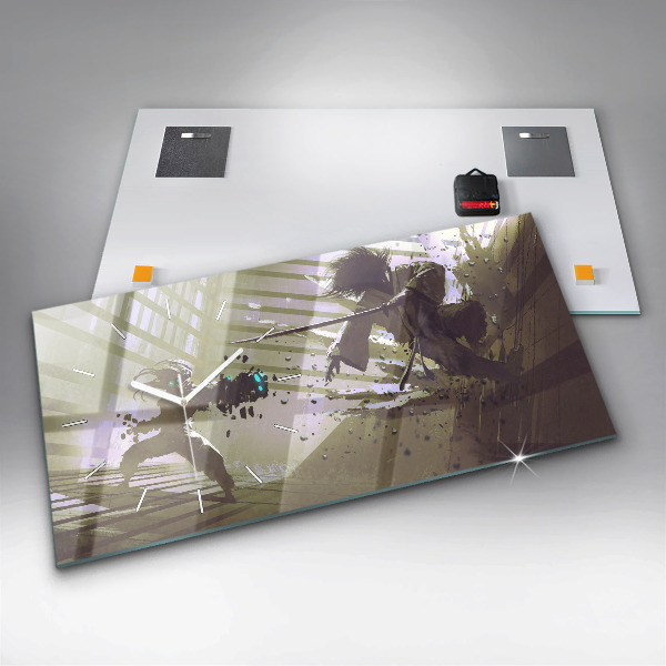 Horloge murale horizontale Combat robot contre samouraï