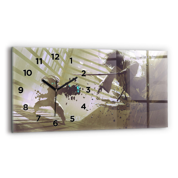 Horloge murale horizontale Combat robot contre samouraï