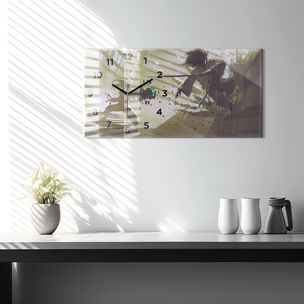Horloge murale horizontale Combat robot contre samouraï