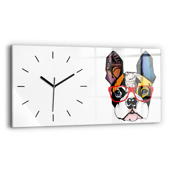 Horloge murale horizontale Bouledogue français avec des lunettes