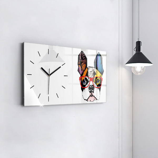 Horloge murale horizontale Bouledogue français avec des lunettes