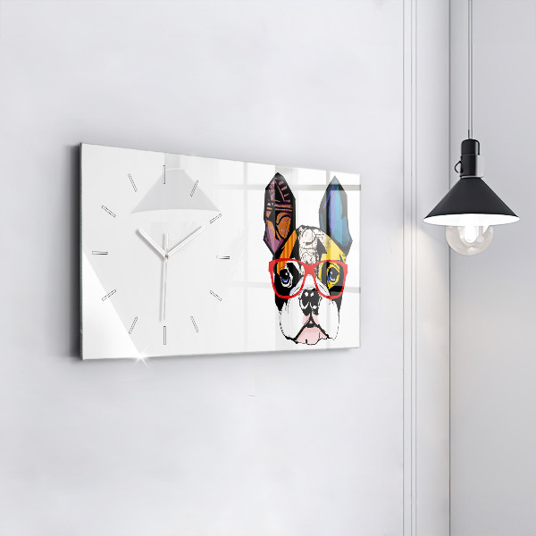 Horloge murale horizontale Bouledogue français avec des lunettes
