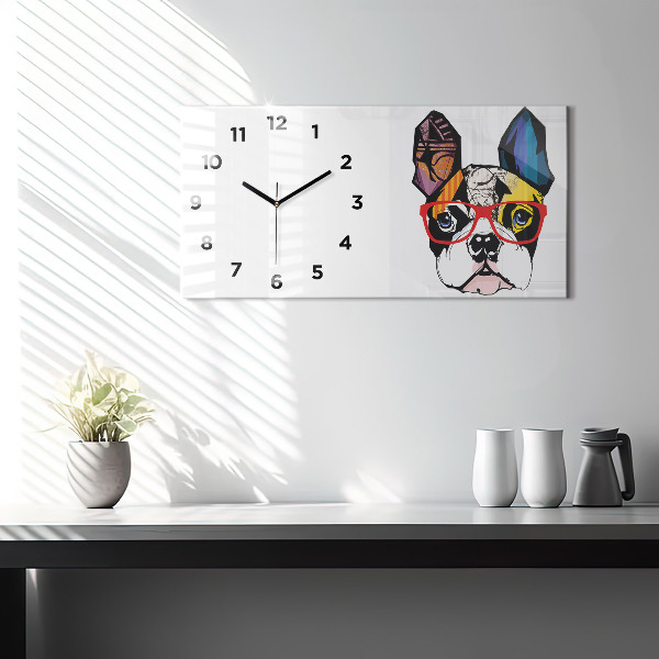 Horloge murale horizontale Bouledogue français avec des lunettes