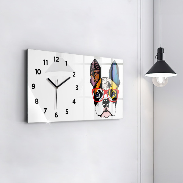 Horloge murale horizontale Bouledogue français avec des lunettes