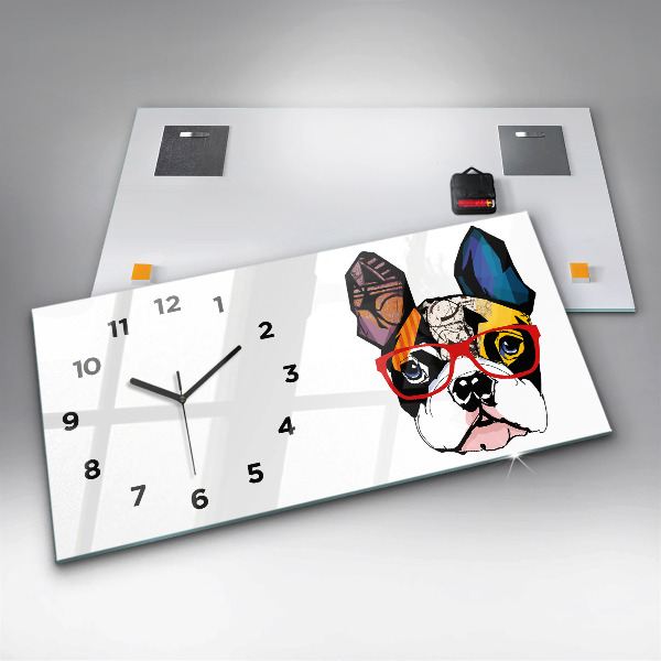 Horloge murale horizontale Bouledogue français avec des lunettes