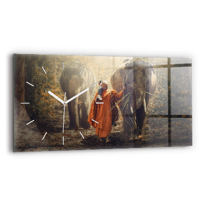 Horloge murale horizontale Moine conduisant des éléphants