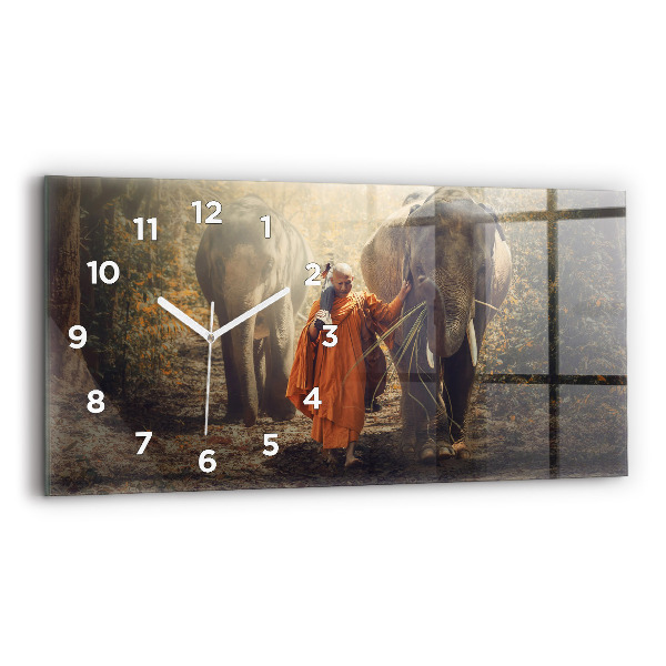 Horloge murale horizontale Moine conduisant des éléphants