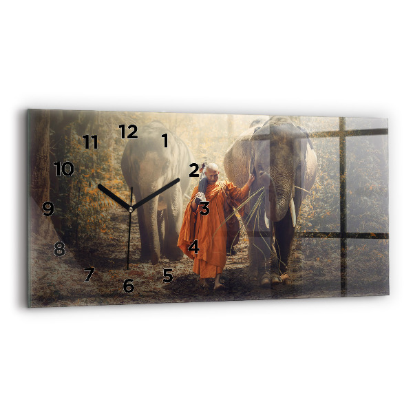 Horloge murale horizontale Moine conduisant des éléphants