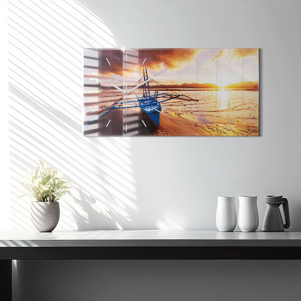 Horloge murale horizontale Bateau et coucher de soleil