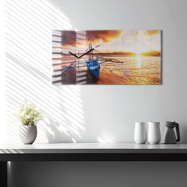 Horloge murale horizontale Bateau et coucher de soleil