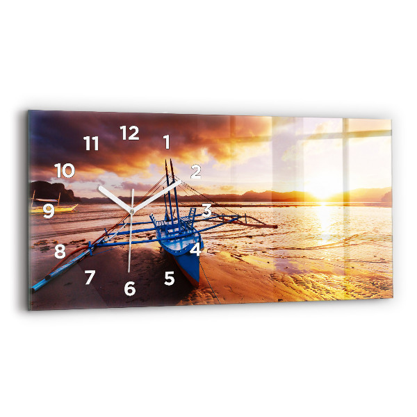 Horloge murale horizontale Bateau et coucher de soleil