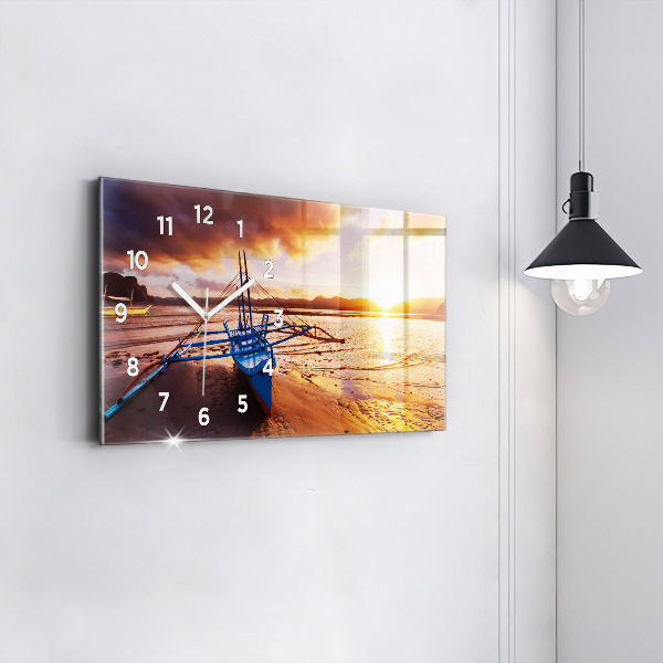 Horloge murale horizontale Bateau et coucher de soleil