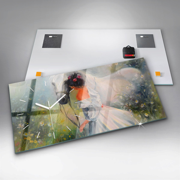 Horloge murale horizontale Belle femme avec un cheval