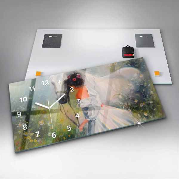 Horloge murale horizontale Belle femme avec un cheval