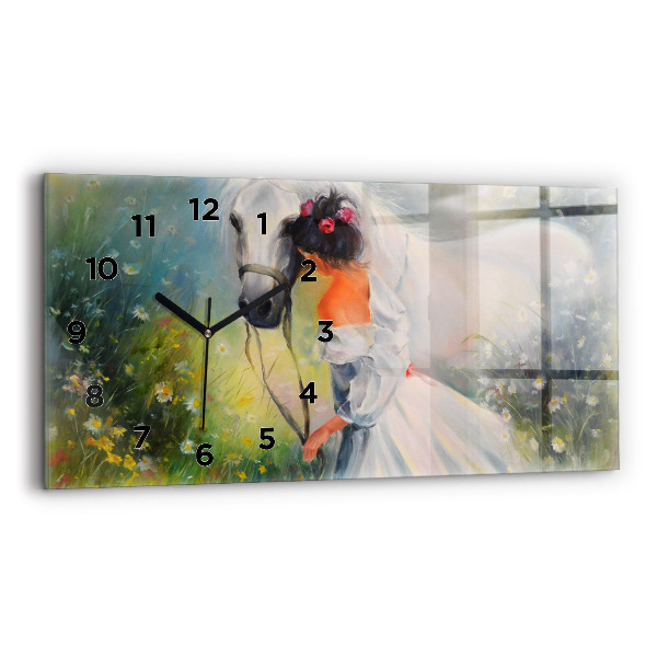 Horloge murale horizontale Belle femme avec un cheval