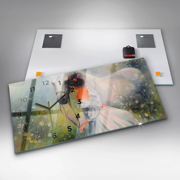 Horloge murale horizontale Belle femme avec un cheval