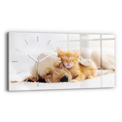 Horloge murale horizontale Chat et chien endormis