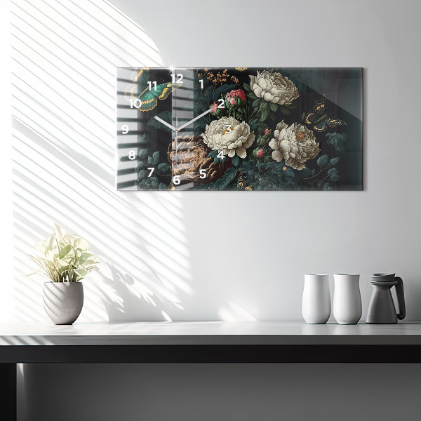 Horloge murale horizontale Fleurs et papillons dorés