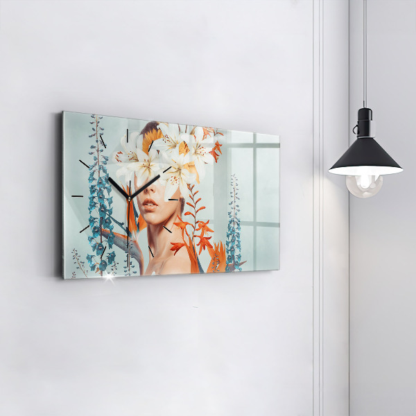 Horloge murale horizontale Femme avec des fleurs