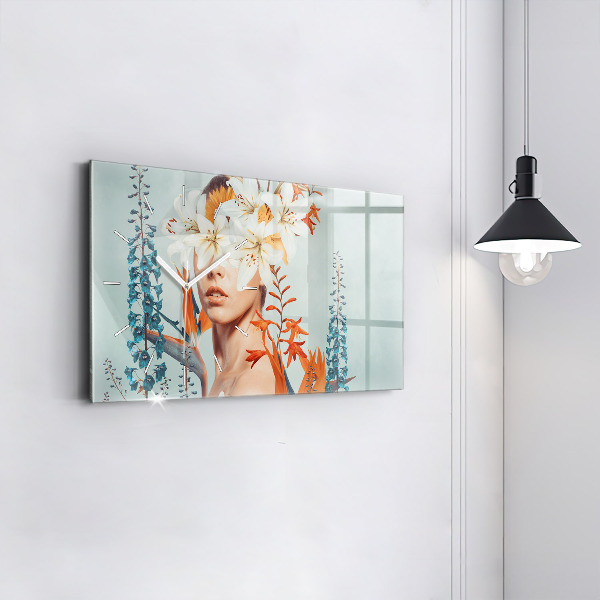 Horloge murale horizontale Femme avec des fleurs
