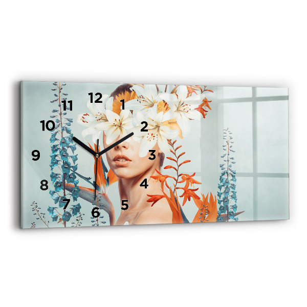 Horloge murale horizontale Femme avec des fleurs