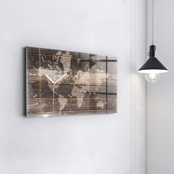 Horloge murale horizontale Carte du monde sur bois