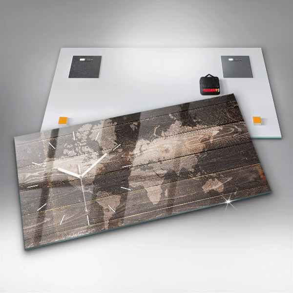 Horloge murale horizontale Carte du monde sur bois