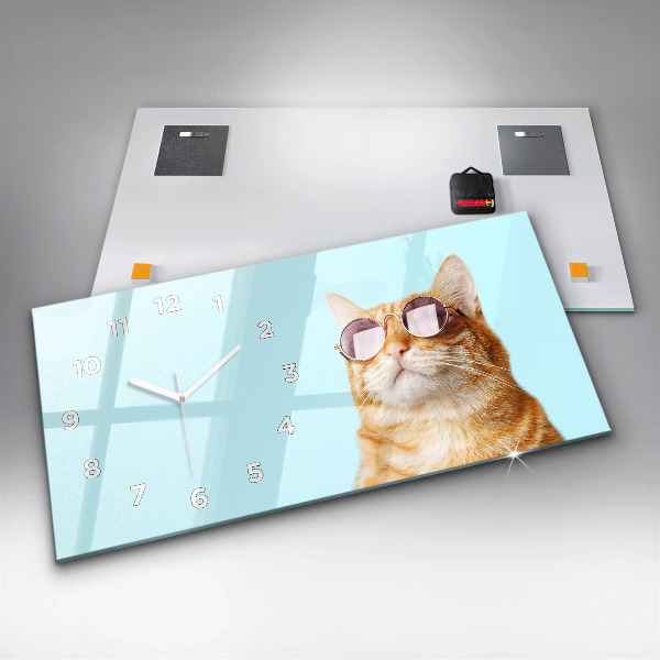 Horloge murale horizontale Chat drôle avec des lunettes
