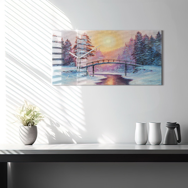 Horloge murale horizontale Sapin de Noël et pont