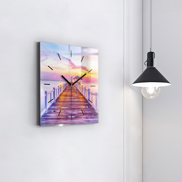 Horloge murale carrée Le pont du port le soir