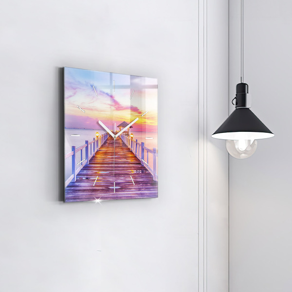 Horloge murale carrée Le pont du port le soir