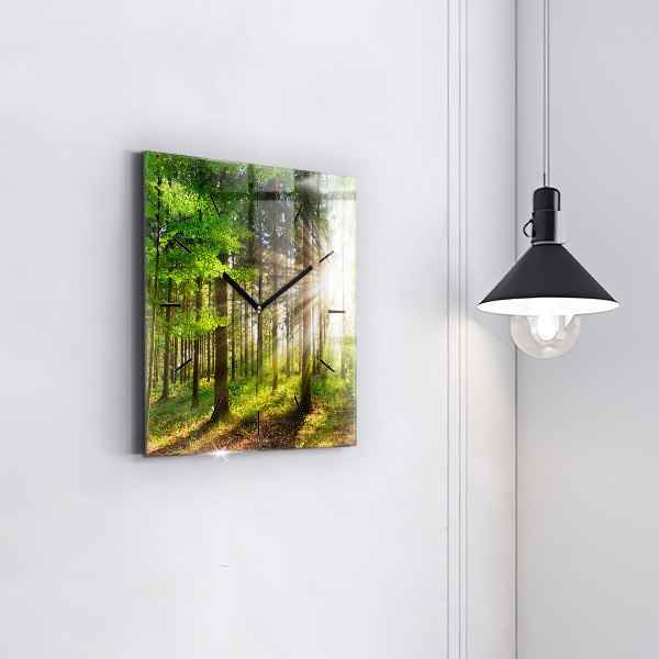 Pendule carrée en verre Lever de soleil dans la forêt