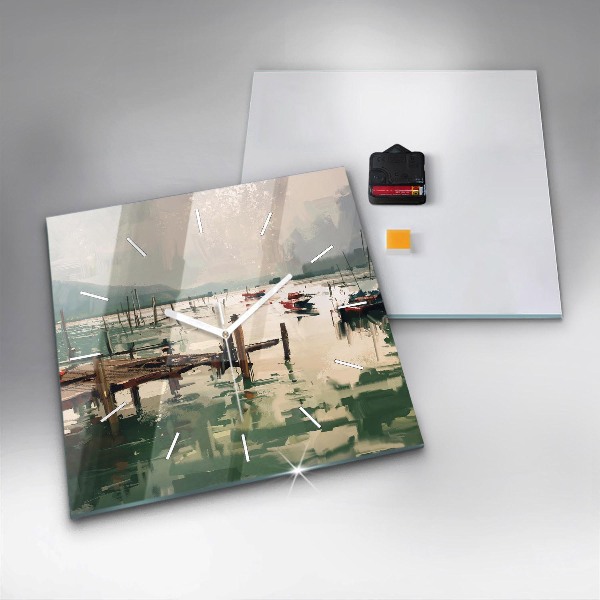 Pendule carrée en verre Bateaux de pêche dans le port