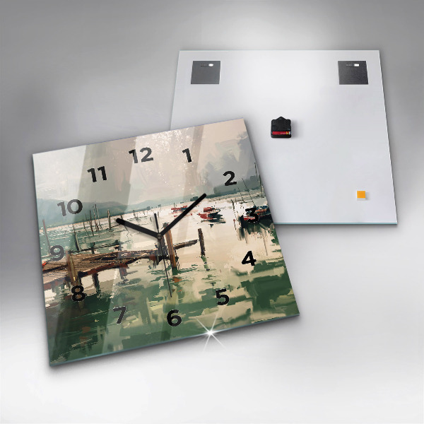 Pendule carrée en verre Bateaux de pêche dans le port